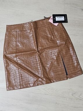 PLT Cognac Faux-Leather Croc Mini Skirt with Front Slit